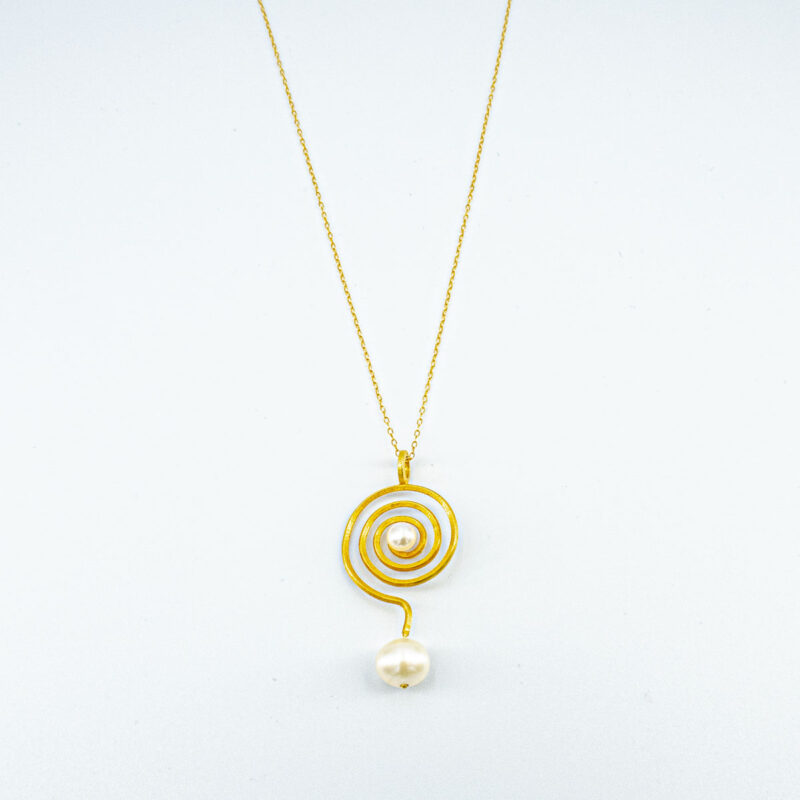 Yellow Gold Necklace Handmade K14 with Pearl and Zircon