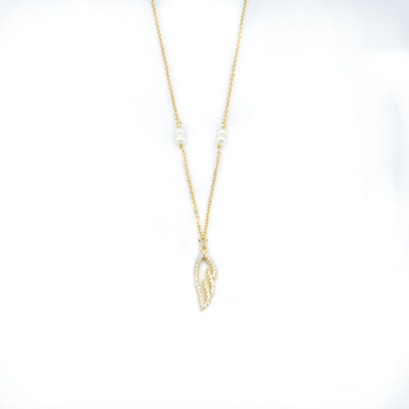 Yellow Gold Feather Necklace K14 with Zircon